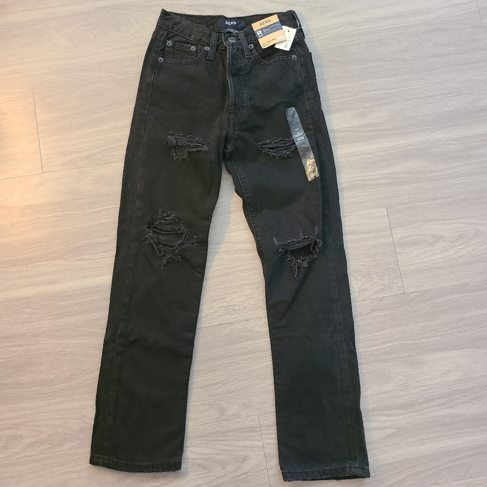 AERO Womens 000(22×26) Black 90s High Rise Skinny Ankle Distressed Jeans